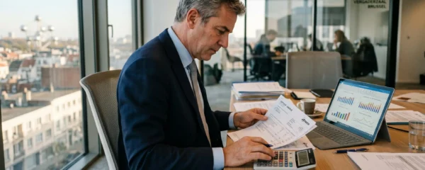 Ondernemer analyseert energiefactuur met calculator en grafieken op bureau
