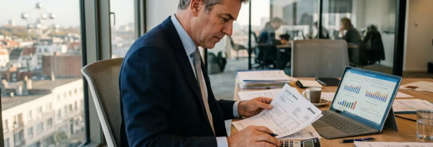 Ondernemer analyseert energiefactuur met calculator en grafieken op bureau