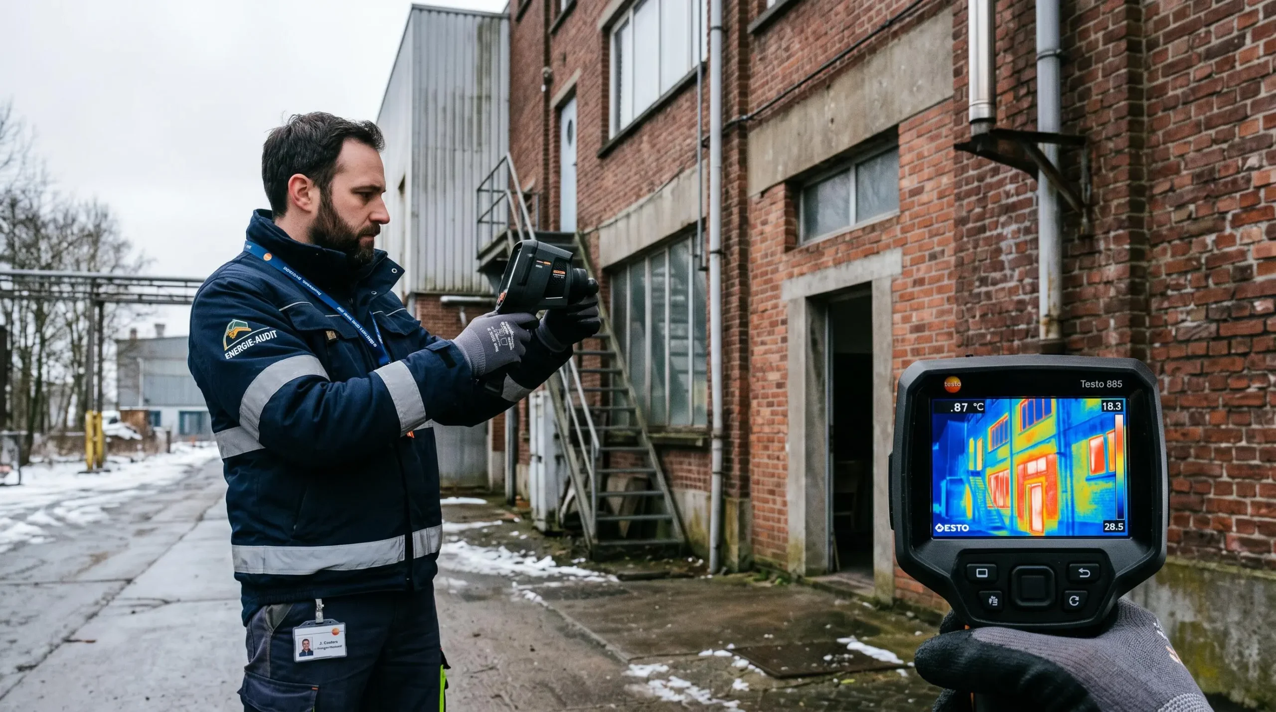 Energieauditor gebruikt thermografische camera om warmtelekken in bedrijfsgebouw te detecteren