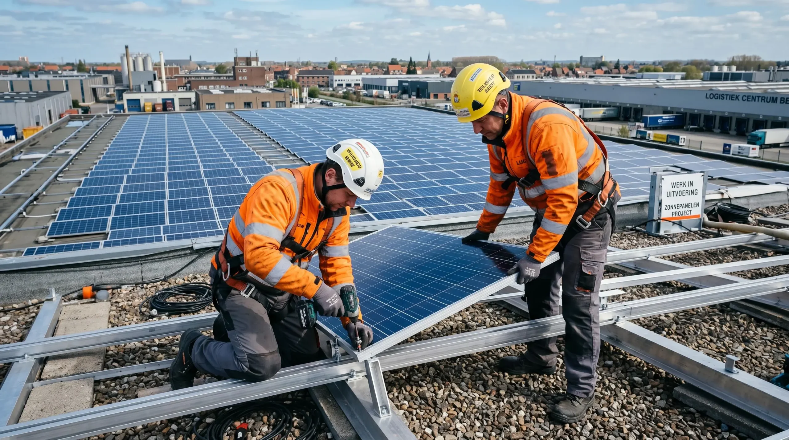 Technici installeren fotovoltaïsche panelen op plat bedrijfsdak met industriële omgeving